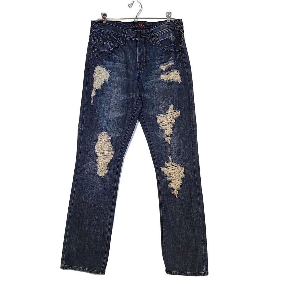 G by Guess Men's Ripped Calan Low Straight Jeans Size 31 Button Fly Dark Wash